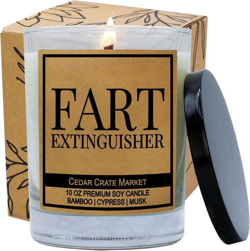 Cedar Crate Market Fart Extinguisher, Kraft Label Scented Soy Candle, Funny Decorative Candles, 10 Oz. Glass Jar