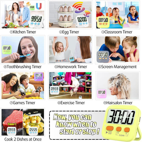 Antonki Timer for Kids, Digital Kitchen Timer for Cooking, Egg Timer, Magnetic Countdown Timer - Pack of 2
