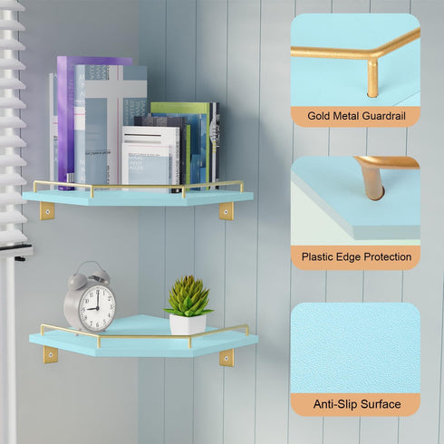 2-Tier 9.5-inch Tirzah Blue Wall Mount Corner Shelf with Gold Metal Guardrail, Diamond-Shaped Wood Corner Floating