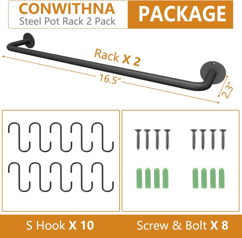 Black Steel Kitchen Utensil Rack Organizer, Wall-mounted Pot Pan Hanger Holder with 10 S Hooks