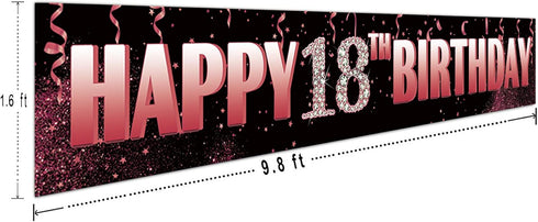 Large 18th Birthday Yard Sign Banner, Happy 18 Years Old Party Supplies Decorations, Black Pink Rose Gold (9.8 x 1.6 ft)
