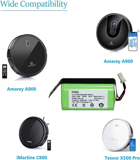 Replacement Battery for Amarey A800 A900, iMartine C800, Tesvor X500 Pro, and More - 14.4v 2600mAh