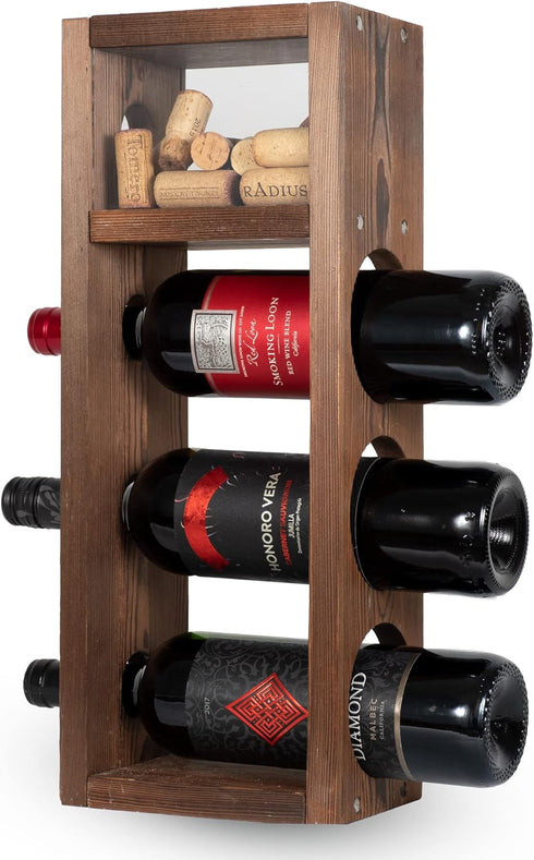 Rustic State Sonoma Countertop Wood Vertical Wine Rack with Cork Storage - Freestanding Tabletop Liquor Holder Shelf Organizer - Holds 3 Bottles - Home Kitchen Dining Room Bar Décor - Burnt Brown by Rustic State