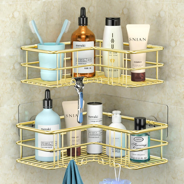 Menbyci 2 Pack Corner Shower Caddy, Adhesive Bathroom Shelf with 8 Hooks, Rustproof