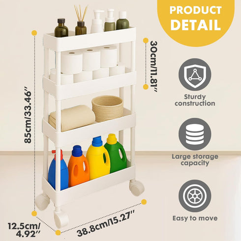 4 ShellKingdom Tier Bathroom Storage Organizer, Slim Rolling Storage Cart for Narrow Space, Mobile Shelving Unit