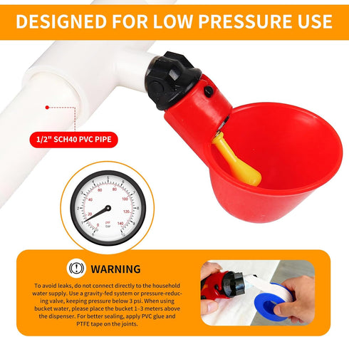 Pack 6 1/8 Inch Chicken Waterer Cups, of Chicken Waterer PVC Tee Fittings, with FTP Threads, Automatic Chicken Water
