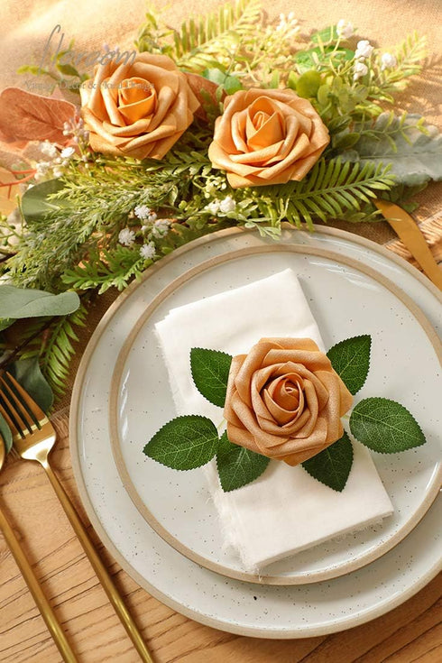 Floroom 25pcs Real Looking Gold Foam Fake Roses with Stems for DIY Wedding Bouquets, Bridal Shower Decorations