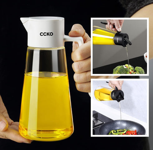 CCKO 19oz Glass Olive Oil Dispenser Bottle, Auto Flip Spout, No Drip Cooking Oil Dispenser for Soy Sauce, Vinegar