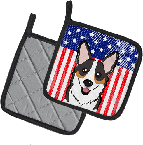 Caroline's Treasures BB2185PTHD American Flag and Tricolor Corgi Pair of Pot Holders, Kitchen Heat Resistant, 7 1/2 x 7