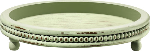 KULEDM Handmade Wooden Decorative Tray, Small Beaded Coffee Table Tray Decor, Sage Round Serving Tray for Coffee Table