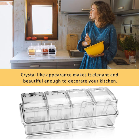 4-Cell Clear Seasoning Rack, Acrylic Spice Box with Cover and Spoon, Storage Container for Condiments