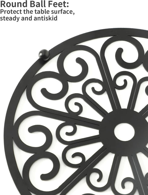 TEAKISS 2 Pack 7 Inch Decorative Round Flower Trivets - Iron Pot Pads, Black Elegant Kitchen and Dining Table