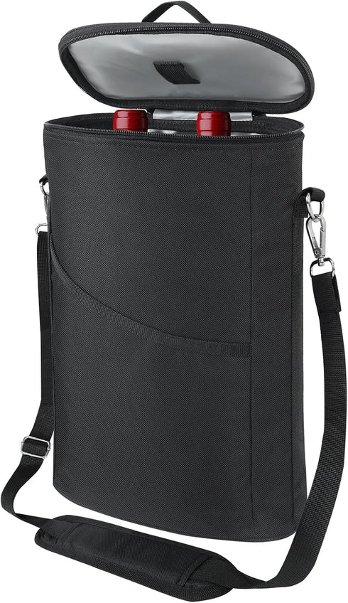 2 Bottle Leakproof Wine Cooler Bag, Insulated Padded Tote Carrier with Handle and Adjustable Strap, Black