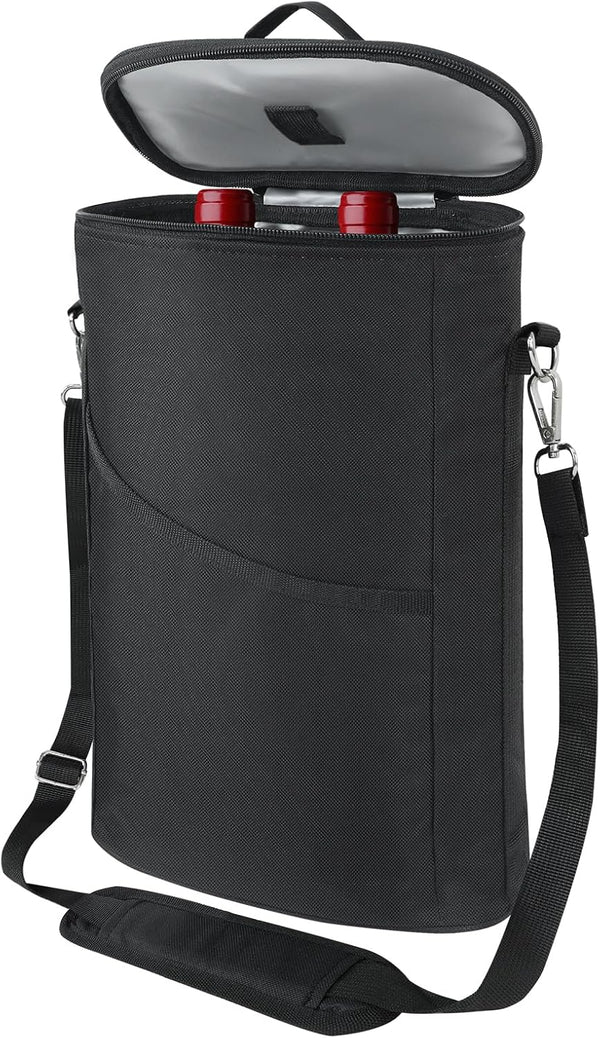 2 Bottle Leakproof Wine Cooler Bag, Insulated Padded Tote Carrier with Handle and Adjustable Strap, Black