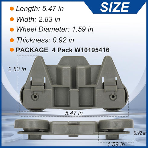 UPGRADED W10195416 Dishwasher Wheels Lower Rack (4 Pack) for Whirlpool Maytag Kenmore Kitchenaid Dishwasher Parts Replaces W10195416V,W10195420 AP5983730,W10311123B,PS11722152 /Appliance Wheels