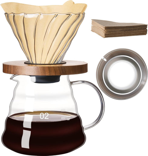 Pour Over Coffee Maker Set, 20 OZ Borosilicate Glass Carafe with 50 pcs V60 Paper Filter for Home