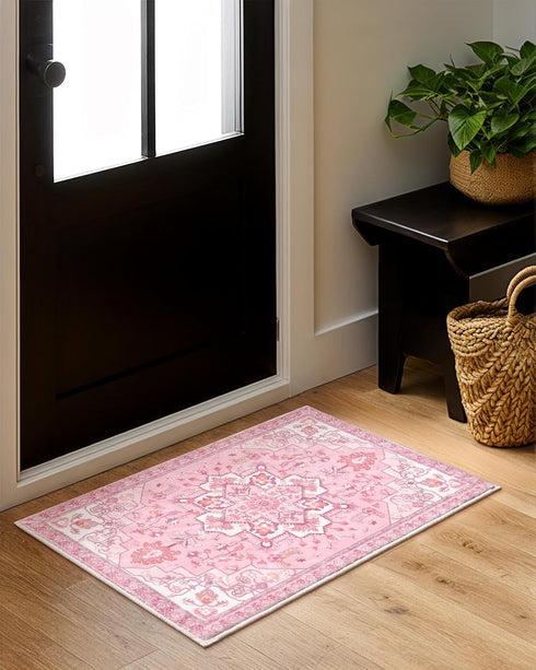 Seavish Vintage Non-Slip Washable Bathroom Rugs, 18"x26" Boho Tribal Soft Velvet Pink Accent Rug for Kitchen Sink