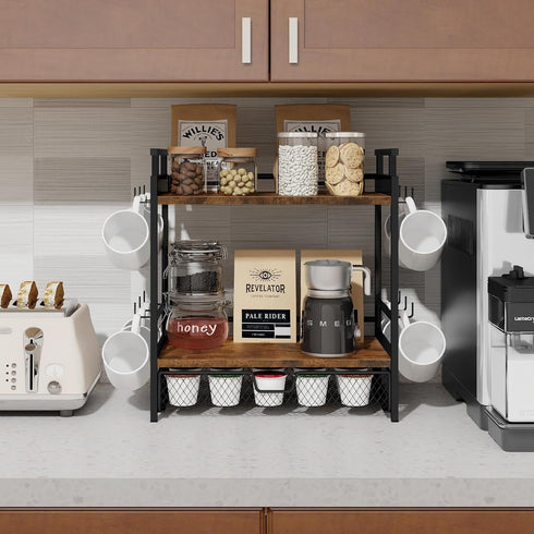 3 Countertop, 12 Coffee Bar Organizer, Tier Coffee Station Organizer for Mug Cup Holder Stand with Hooks, with K Cup