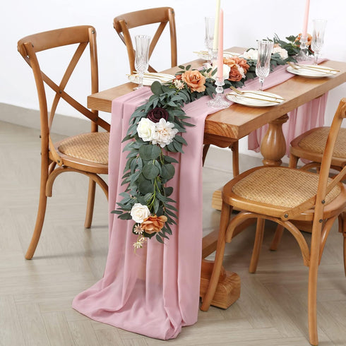 Dusty Rose Chiffon Table Runner - 27x120 Inches Long Elegant Sheer Fabric for Bridal Party Decorations