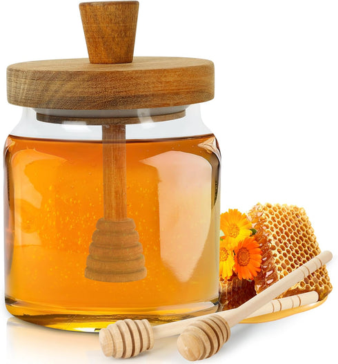 Loscarol Honey Pot with Dipper and Lid - 18oz Glass Honey Jar