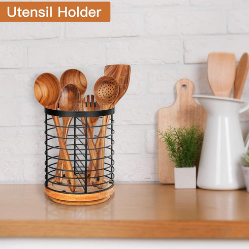 Utensil Holder for Kitchen Counter, Large Black Metal+Bamboo Base Utensil Organizer, Breathable, Easy to Dry, Rotating