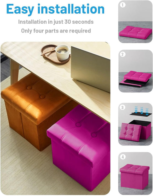 17 inch AmasSmile Storage Ottoman Foot Rest Stool, Velvet Footstool Bench, Hot Pink Short Ottomans Stool, Small Folding