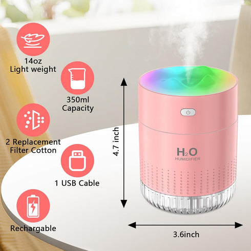 2 Portable Small Humidifiers for Bedroom Baby, Rechargeable Mini Cool Mist Plant Humidifier for Plants, Quiet Desktop