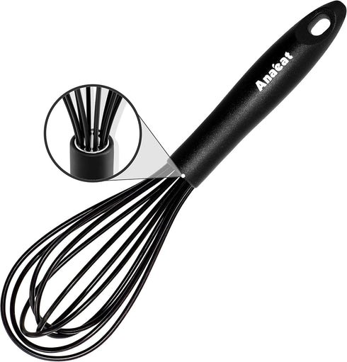 Anaeat 8.5" Silicone Balloon Whisk - Heat Resistant Kitchen Whisks for Whisking, Cooking, Baking (Black)