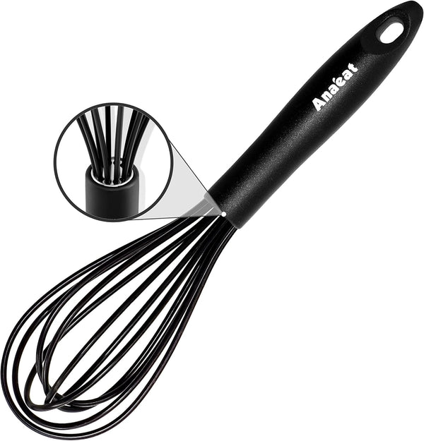 Anaeat 8.5" Silicone Balloon Whisk - Heat Resistant Kitchen Whisks for Whisking, Cooking, Baking (Black)