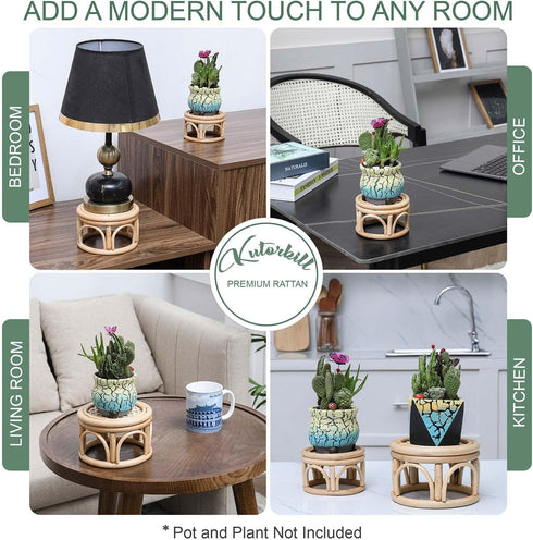 Set 2 of Small Boho Rattan Wicker Round Riser Plant Stand Indoor,Rustic Farmhouse Natural Wooden Circle Pedestal