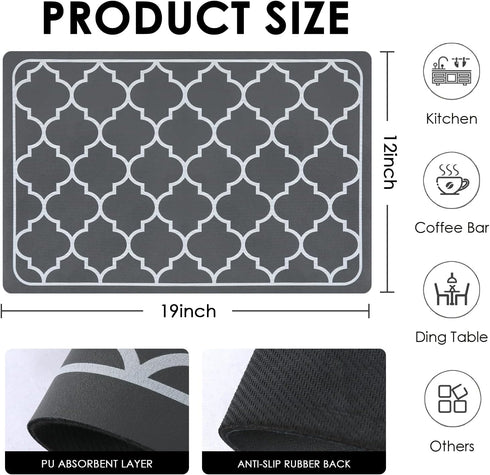 19"x 12" Counter Absorbent Dish Drying Mats for Baby Bottle Dish Rack, Coffee Maker Mat Easy to Clean Non-slip Rubber