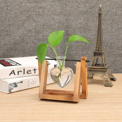 1 Kingbuy Terrarium with Wooden Stand, Desktop Propagation Station, Air Plant Holder, Metal Swivel Holder