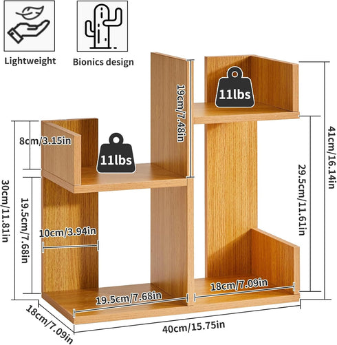 Short Bookshelf Small Desk Organizer - Unique Cactus Bookcase for Book Display and Small Plant Stand, Natural Wood Color