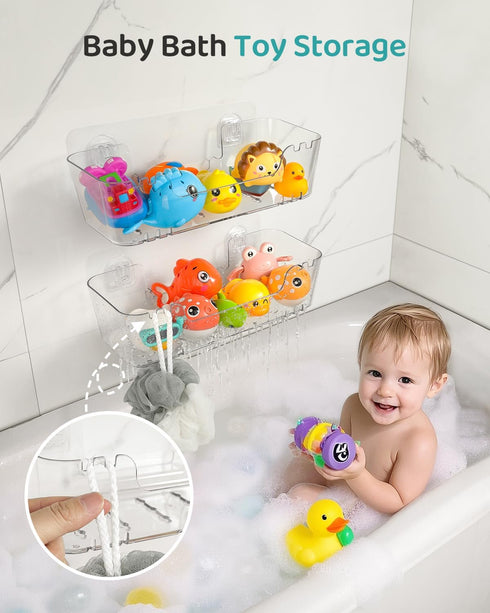 2 Pack, Bath Toy Storage Organizer Transparent Bath Toy Holder with Drain Holes, Durable Plastic Bathtub Toy Storage
