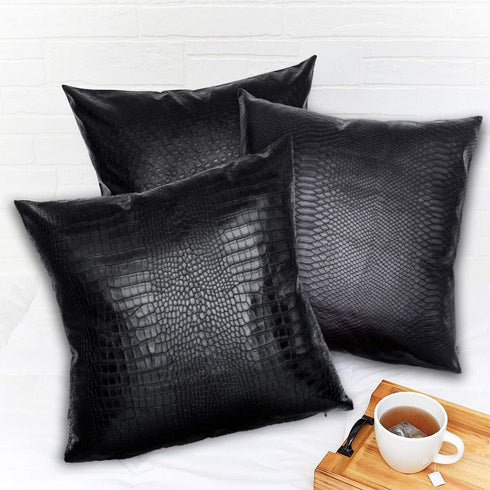 Black Crocodile Skin Faux Leather Pillow Cover, Decorative Modern Throw Cushion Case for Living Room & Bedroom, 12x20