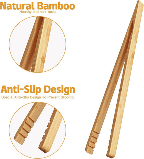 2 Pieces Bamboo Toast Tongs, 10.2 Inches Long Wood Tongs with Anti-slip Design for Cooking with Oil Coating
