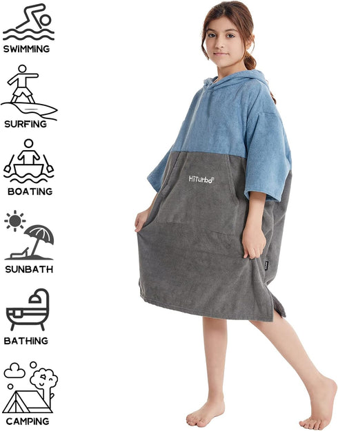3/4 Hiturbo Kids Changing Towel Hoodie: Absorbent Quick Dry Surf Poncho, Sleeve Microfiber Bath Towels for Beach Pool