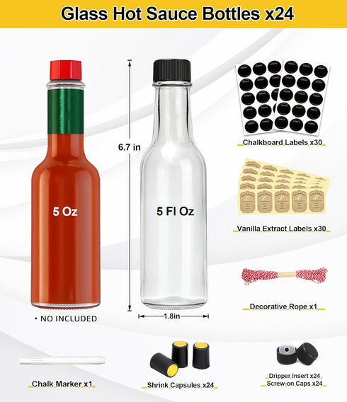 5 oz, 24 Pack Woozy gmisun Hot Sauce Bottles Vanilla Extract Bottles with Shrink Capsules, Glass Bottle with Labels