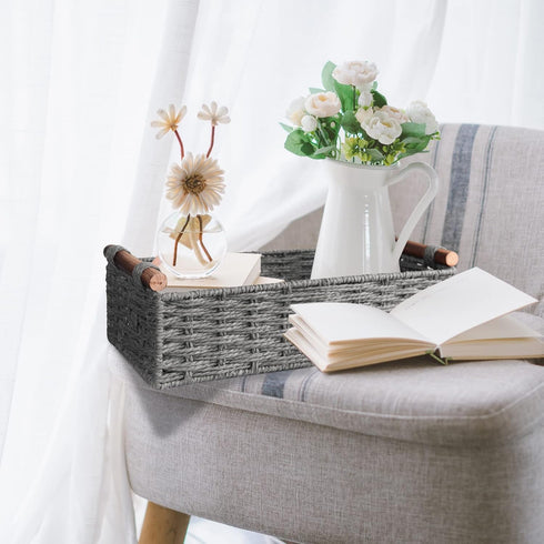 Round Grey Paper Rope Storage Basket, Wicker Baskets for Organizing with Handle, Decorative Storage Bins