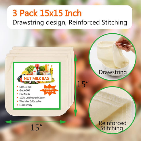 Huppar 3 Pack 15"x15", 100% Nut Milk Bag Cheesecloth bags for Straining Reusable, Unbleached Cotton Cloth