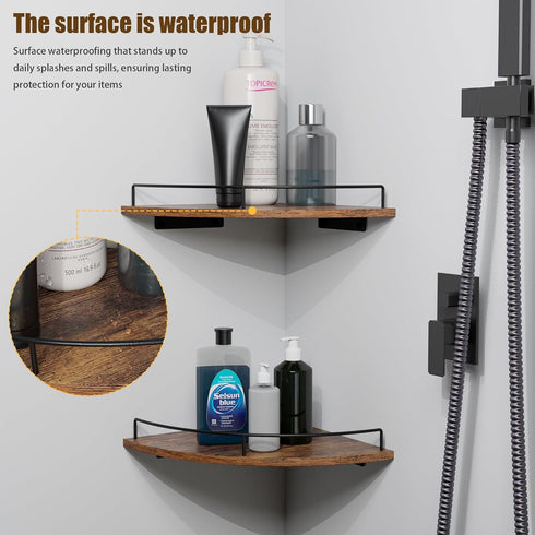 Set 2, Corner Floating Shelves, Rustic Brown Wood, of Wall Mount Storage with Guardrail for Bathroom Kitchen Living