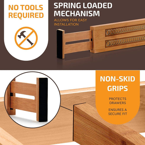 Large Bamboo Drawer Organizer - Expandable Kitchen Drawer Dividers (17" - 21.5") - 6 Pack Adjustable Separators