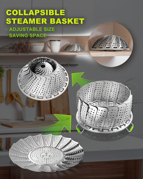 Vegetable Steamer Basket - 2 Layer Large Capacity Food Steamer for Cooking, Stainless Steel Folding Expandable