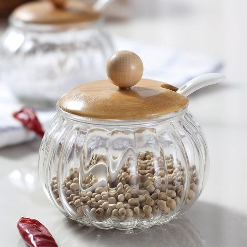 Salt Cellar, 8 Oz Glass Container with Bamboo Lid, Cute Pumpkin Storage Canister for Kitchen Countertop Seasoning Bowl