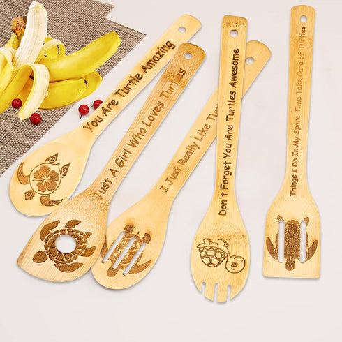 5PCS Turtle Wooden Cooking Spoons Set, Bamboo Cooking Utensil Spoons, Turtle Gifts for Women, Kitchen Decor