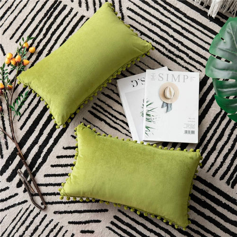 DEZENE Couch Pillow Cases 12x20 Chartreuse: 2 Pack Soft Pom-poms Velvet Rectangular Throw Pillow Covers