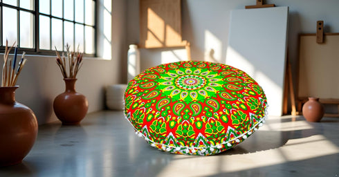 22" CRAFT KALA Round Mandala Comfort Meditation Floor Pillow Cover, Large Pillows Seating Cover for Adults, Cushions