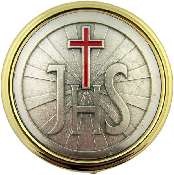 Religious Gifts Gold Plate Eucharist PYX with IHS and Red Enamel Cross, 2 1/4 Inch