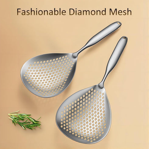 Large Stainless Steel Strainer - Food Grade Filter Spoon with Comfort Handle for Kitchen Cooking, Frying, Pasta