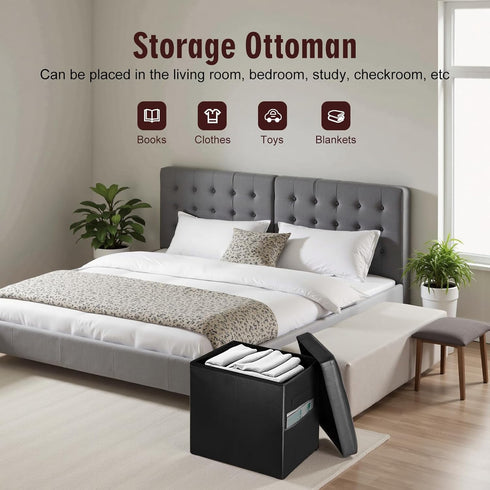 350 lbs, 17x13x17in, Storage Ottoman Foot Rest Stool with Thicker Foam Padded Seat. Slim Tall Folding Leather Small